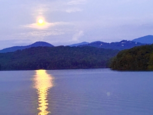 Breathtaking full moon over Lake Chatuge & Blue Ridge Mountains, home to our HSP Retreats.